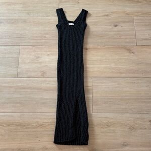 All Row Black Chunky Ribbed Knit Maxi‎ Dress Sleeveless Slit Scoop Neck Women's